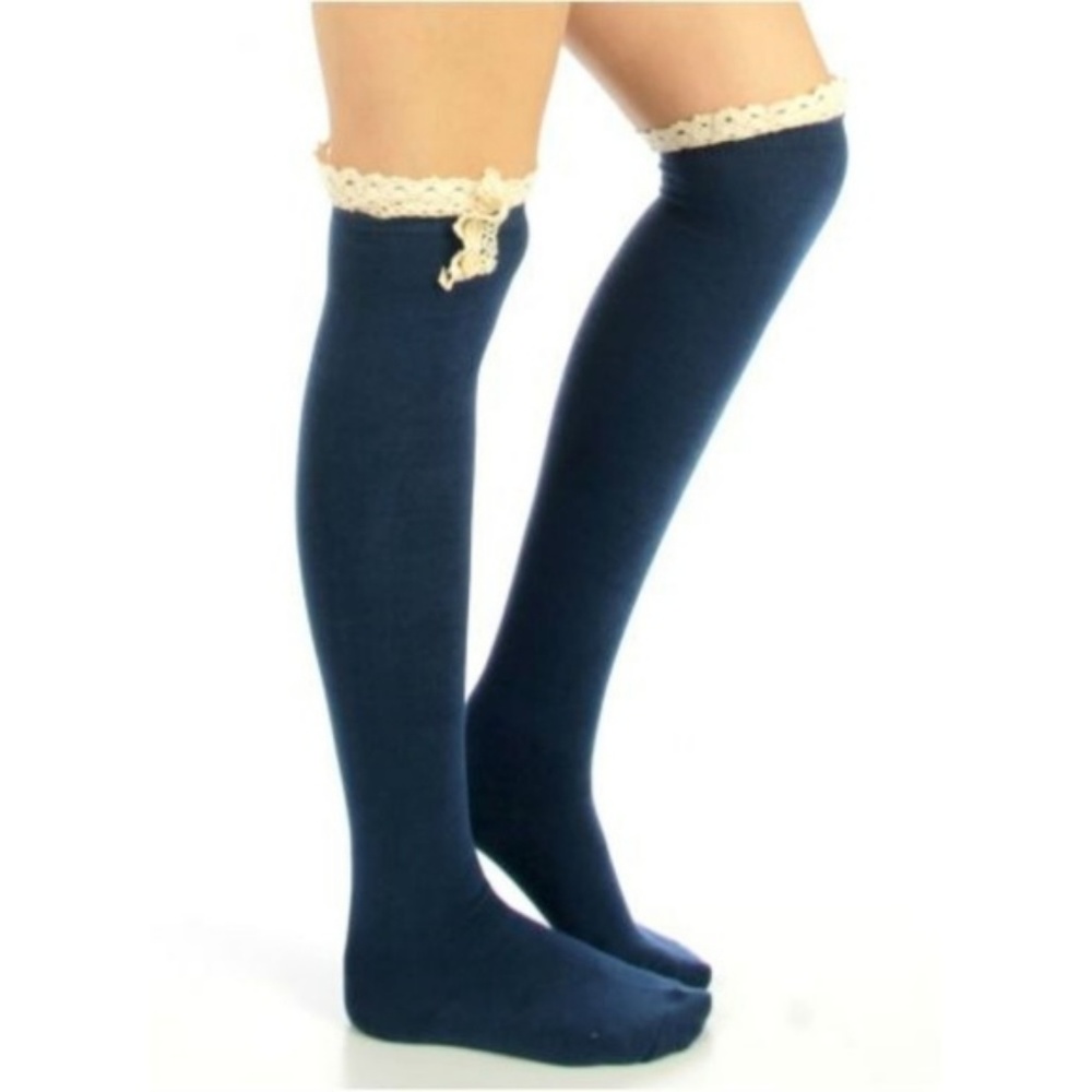 Navy Blue Button Lace Top Over the Knee Socks